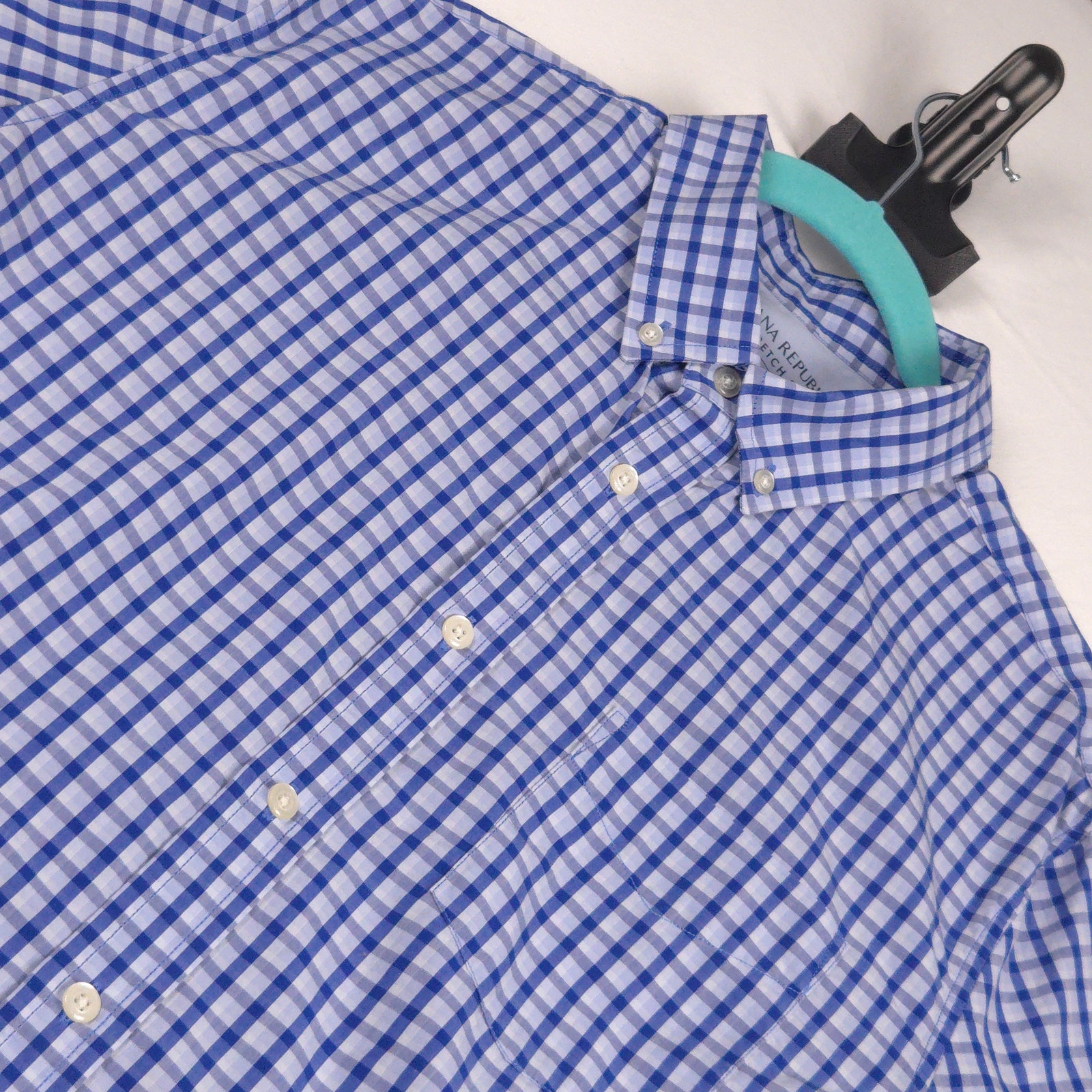 Banana Republic Grant Slim Fit Luxe Poplin Blue White Gingham Dress Shirt Large